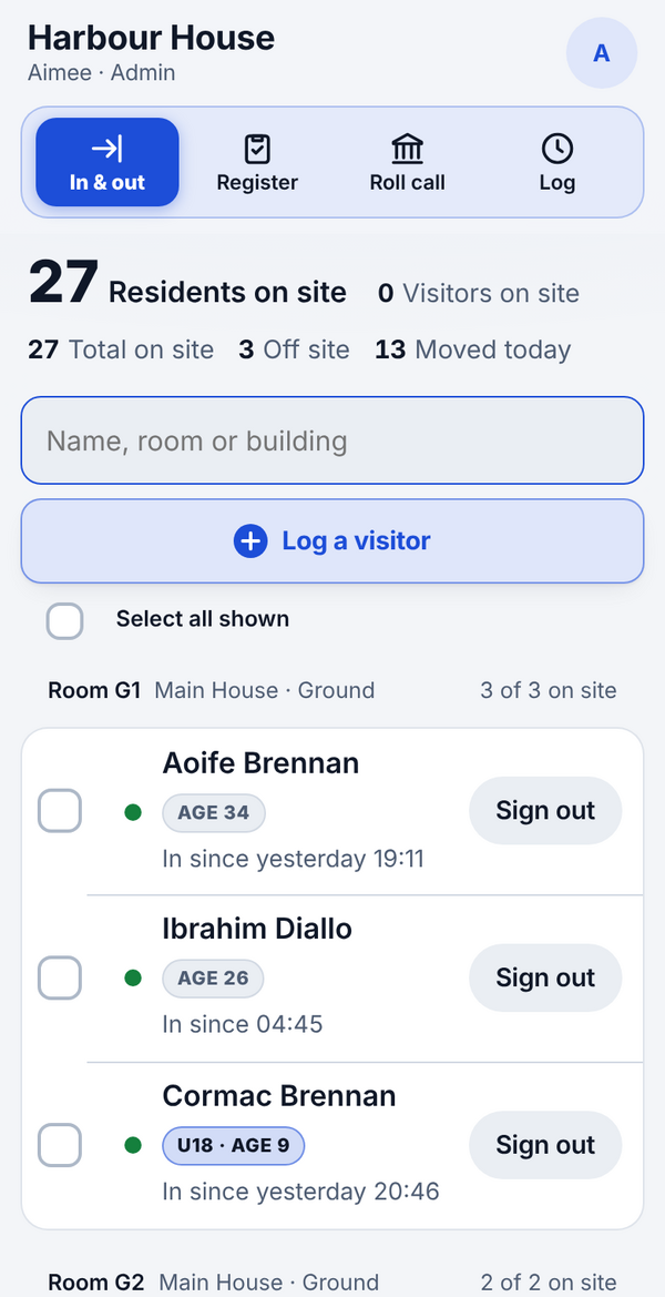 The gate register on a phone: 27 residents on site, 3 off site, Sign out on each card
