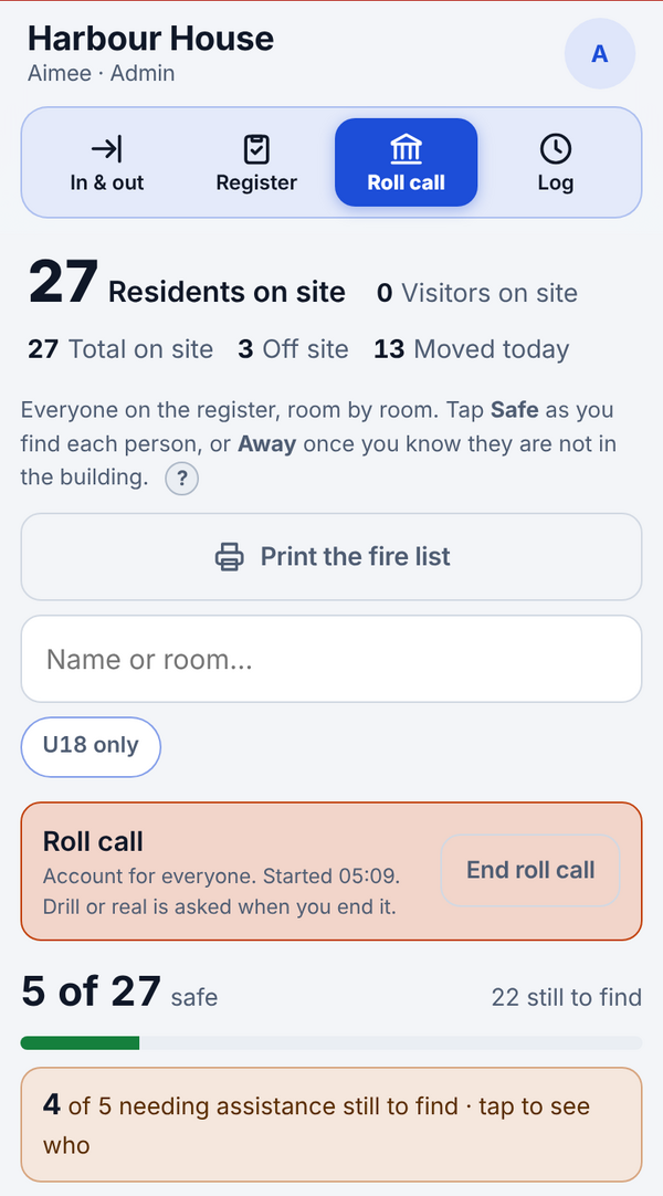A fire roll call on a phone: 5 of 27 safe, 22 still to find